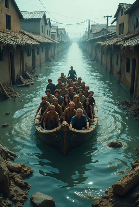 A scene of a flooded village or town. A boat full of people fleeing the floodwaters. Surrounded by floodwaters, broken houses, and mud-slicked roads.Above the image will be a large title saying "  Stop Flood Tour”.