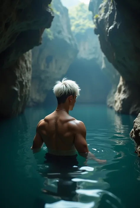 A men in the water in a cave
(Men should be seen clearly looking n other direction white hair  half inside the water(young have a masculer figure (no beared ) Korean men