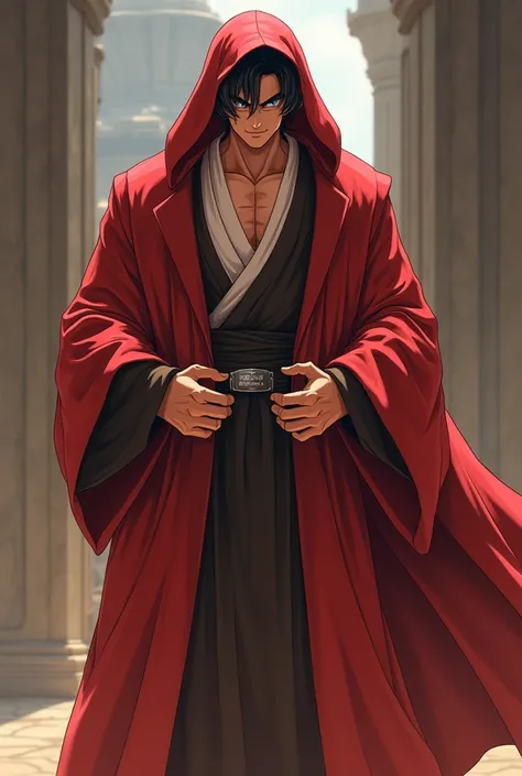 Son Goku, Masculine, Dragon Ball Z, Jedi Robe, Hooded Robe, Red Robe, Front opening robe, フードをsuffer, suffer, Hands on hips, smile, smiling, whole body, From head to toe, Perfect details