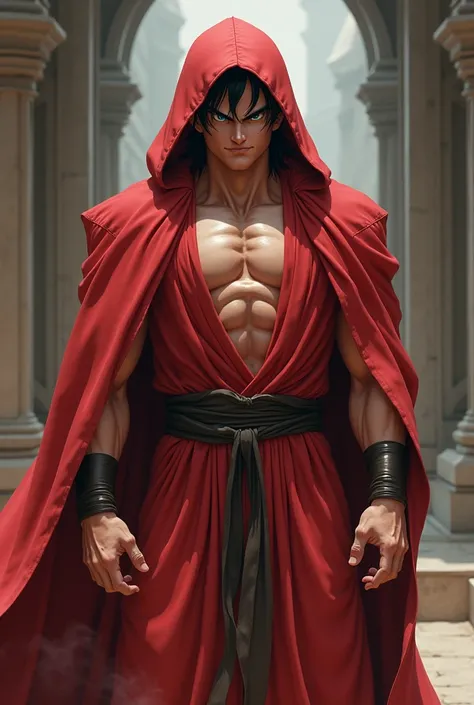 Son Goku, Masculine, Dragon Ball Z, Jedi Robe, Hooded Robe, Red Robe, Front opening robe, フードをsuffer, suffer, Hands on hips, smile, smiling, whole body, From head to toe, Perfect details