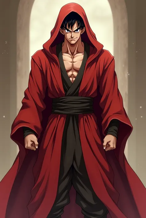 Son Goku, Masculine, Dragon Ball Z, Jedi Robe, Hooded Robe, Red Robe, Front opening robe, フードをsuffer, suffer, Hands on hips, smile, smiling, whole body, From head to toe, Perfect details