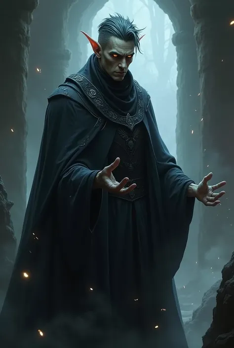 A shadar-kai elf character, sorcerer, gray-skinned, amber eyes, short black hair, black robes and a somewhat somber appearance, grown-up.
