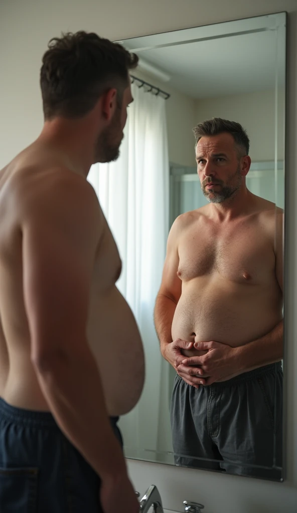  the man looking at their stomach in the mirror, noticing some weight gain. 