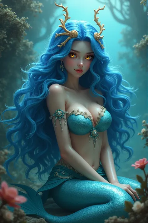 Blue hair, yellow eyes, mermaid, big breasts, long hair, bangs