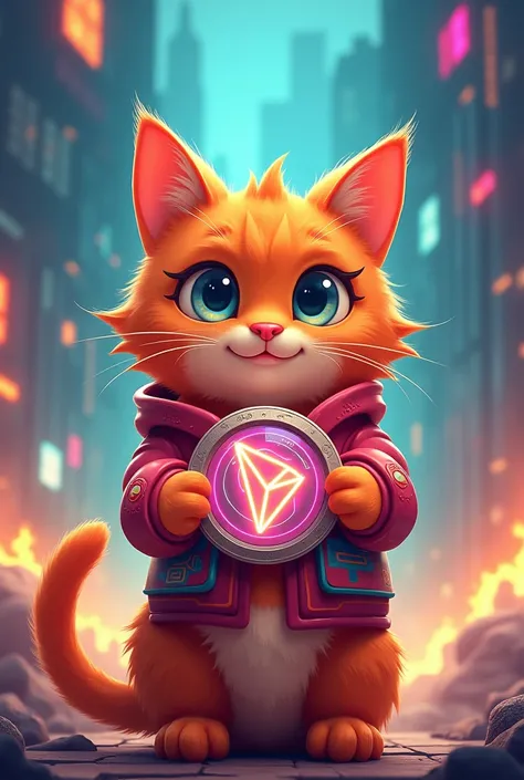 Beautiful Smiley orange cat with Tron Coin art pumping rocket and showing it to the viewer write name SUYA