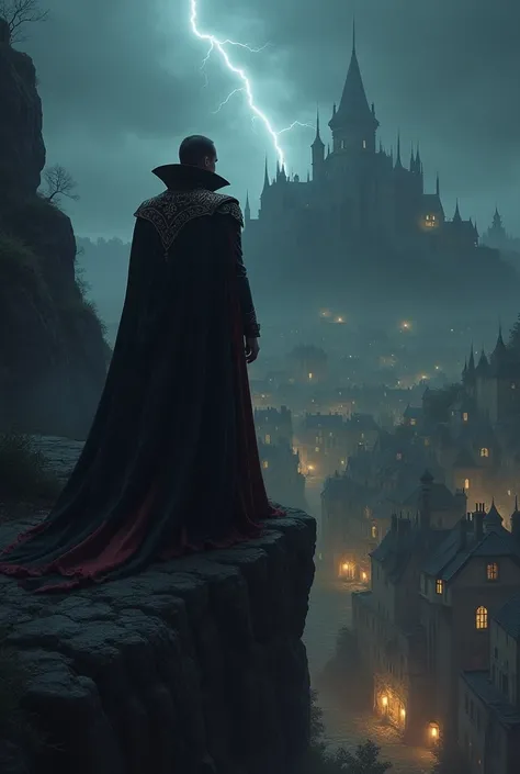 a vampire count on top of a cliff, under him is a small gothic town with lights only inside the buildings, he stands in front of a dark and spooky castle under a dark sky with one lightningbolt glooming in the nightsky