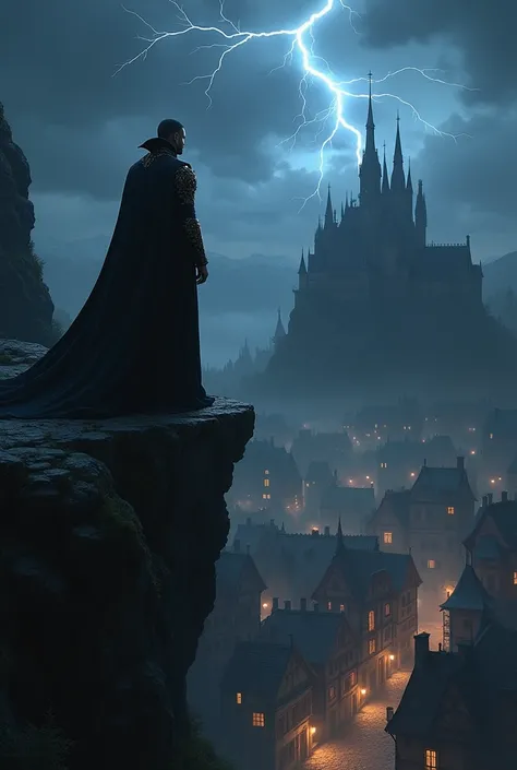 a vampire count on top of a cliff, under him is a small gothic town with lights only inside the buildings, he stands in front of a dark and spooky castle under a dark sky with one lightningbolt glooming in the nightsky