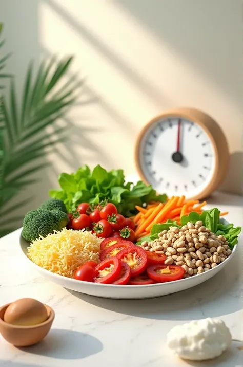 A plate of healthy food, with a scale 