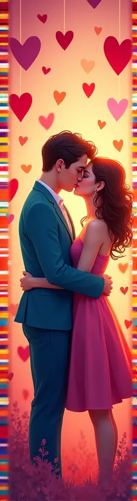 Colorful background with several hearts and a couple kissing in a drawing