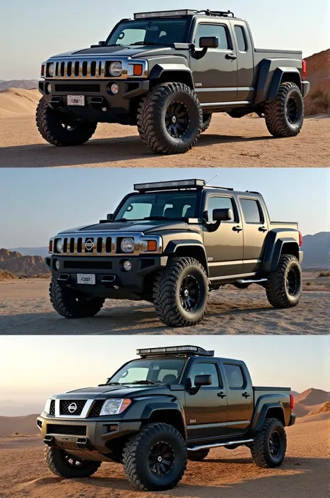 Hummer H1 pickup truck with features of a 2009 Nissan Pathfinder in horizontal photographs 