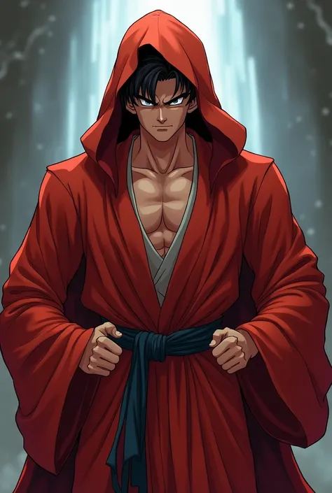 Son Goku, Dragon Ball Z, Jedi Robe, Hooded Robe, Red Robe, Front opening robe, フードをsuffer, suffer, Hands on hips, smile, smiling, 