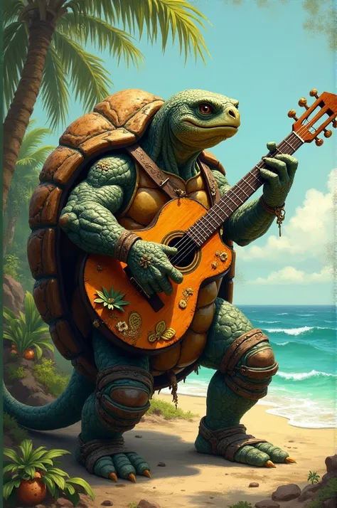 Make a turtle man playing the guitar 