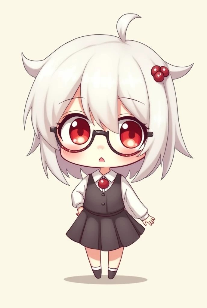 anime girl white hair red eyes chibi with glasses full body