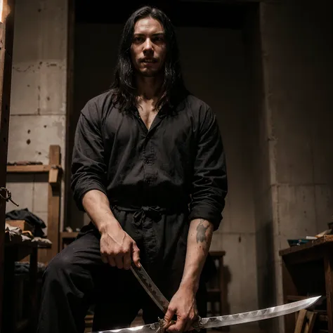 man with pale skin and sharp teeth, long black  hair, purple poisoned blade sword