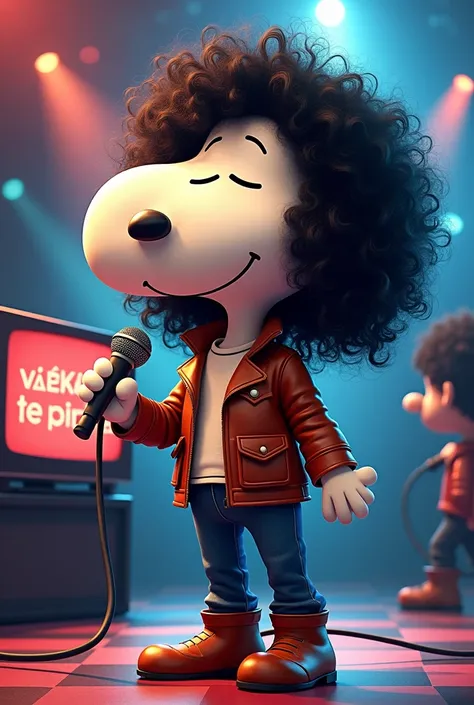 Draw Snoopy with a custome of "Gustavo Cerati" (A rockstar outfit AND with a long and very curly Jair) singing a song and put a TV showing the exactly text: "Dedicado a Valezka: Té para 3"