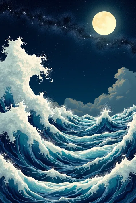 Ukiyo-e inspired artwork in a stormy sea with foaming waves under a full moon on a starry night with the Milky Way