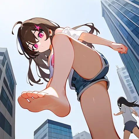 Fraction_9,Fraction_8_Direction_7_up,1个女孩露出脚Low Angle，One-leg stand，barefoot，Female Giant，Clear facial features，Many buildings around，Low Angle，Denim shorts，There are bangs between the eyes，Off-shoulder T-shirt，Long hair，Dark brown haive-pointed star on ha...