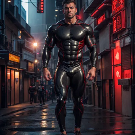 arafed man in a red and black wet suit standing in a street, huge glistening muscles, rubberhose style, superhero body, exaggerated muscle physique, rubbery-looking body, rubbery - looking body, rubber suit, muscular male hero, hard rubber chest, bulging m...