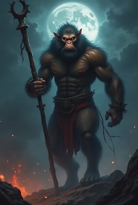 Wukong but the like of the lord Hanuman and the theme is very dangerous and the background of the picture is the very darkest evening .