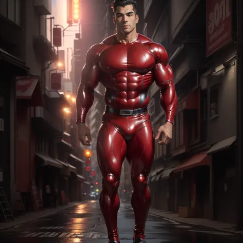 arafed man in a red and black wet suit standing in a street, huge glistening muscles, rubberhose style, superhero body, exaggerated muscle physique, rubbery-looking body, rubbery - looking body, rubber suit, muscular male hero, hard rubber chest, bulging m...