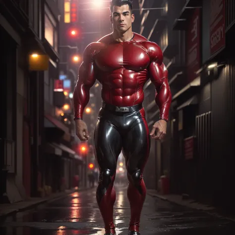 arafed man in a red and black wet suit standing in a street, huge glistening muscles, rubberhose style, superhero body, exaggerated muscle physique, rubbery-looking body, rubbery - looking body, rubber suit, muscular male hero, hard rubber chest, bulging m...