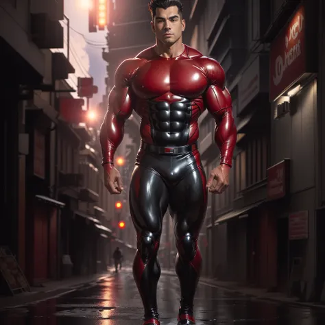 arafed man in a red and black wet suit standing in a street, huge glistening muscles, rubberhose style, superhero body, exaggerated muscle physique, rubbery-looking body, rubbery - looking body, rubber suit, muscular male hero, hard rubber chest, bulging m...