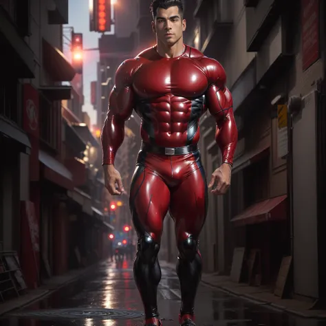 arafed man in a red and black wet suit standing in a street, huge glistening muscles, rubberhose style, superhero body, exaggerated muscle physique, rubbery-looking body, rubbery - looking body, rubber suit, muscular male hero, hard rubber chest, bulging m...