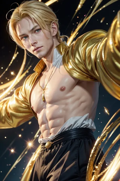 anime style illustration, manga style, man aged 37 to, europeu, golden eyes with shine, golden aura, blonde hair tied in a bun, open arms, golden hair and golden eyes, blue and white wizard clothes, white cover with gold details