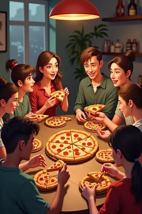 A group of 8 friends (3 women and 5 men) eating pizza at a table.