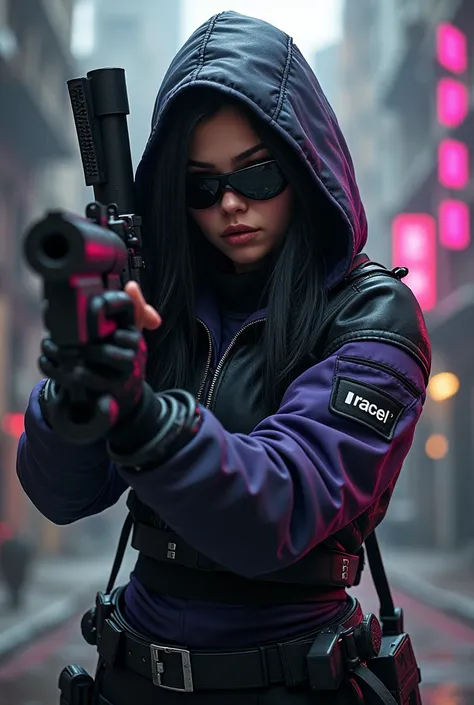 Gender: women assassin and the left eye is covered.
Weapon: sniper rifle 
Outfit:  black and violet cybordpuck with very clear and not hidden print "RACEL".
realistic 
