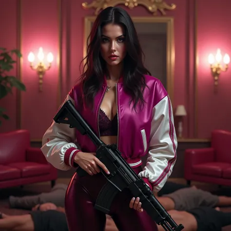 wide depth of field, wide depth of focus, f/11 lens setting, all objects in focus, full color image, raven haired woman with ak47, holding ak47 rifle, large living room, full body image, (two tone magenta and white short cropped soft shiny satin bomber jac...