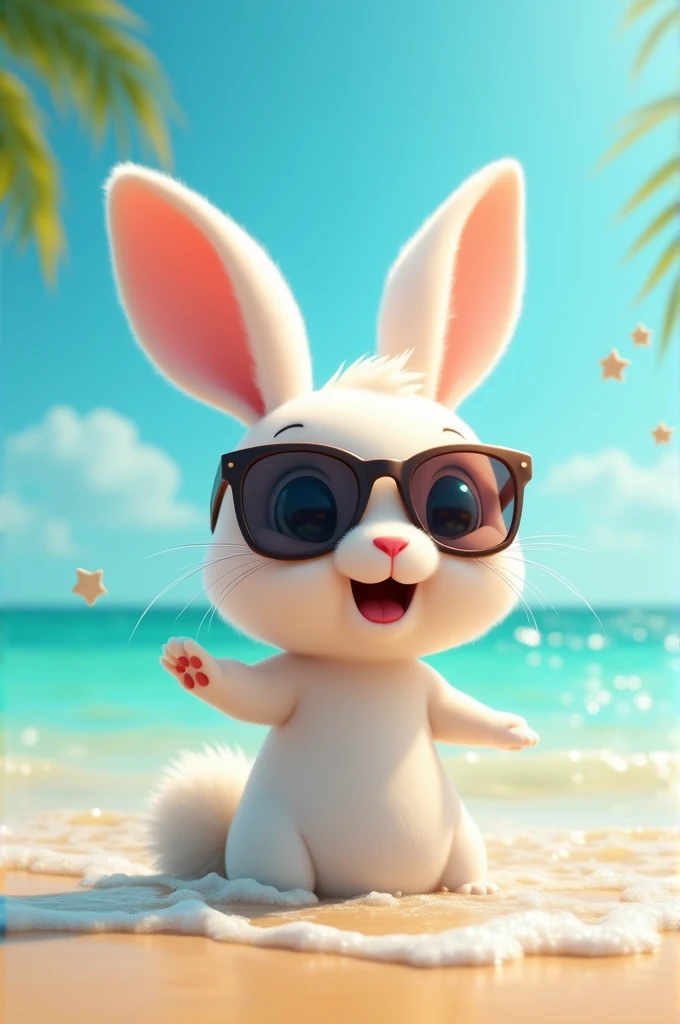 A little white rabbit on the beach wearing sunglasses and swimming 