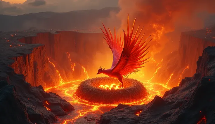 A breathtaking scene of a Phoenix nest perched within the heart of a massive, active volcano. The Phoenix is seen tending to its glowing, ember-like eggs, surrounded by a swirling aura of fire and heat. The volcano’s interior is a mix of flowing lava, shar...