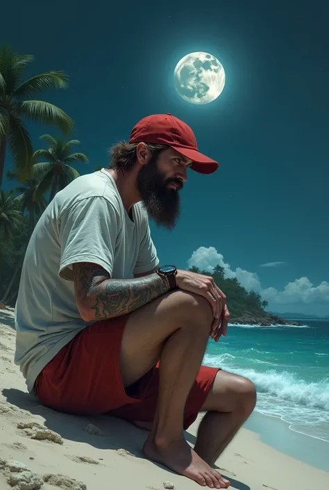 A tall man, Scrawny, with a short beard, brownhair, Red cap, with tattoos all over his leg, tattoos all over the arm, with white t-shirt, red shorts, wristwatch, sitting on the edge of a paradisiacal beach, full moon night, with the planet Saturn appearing...