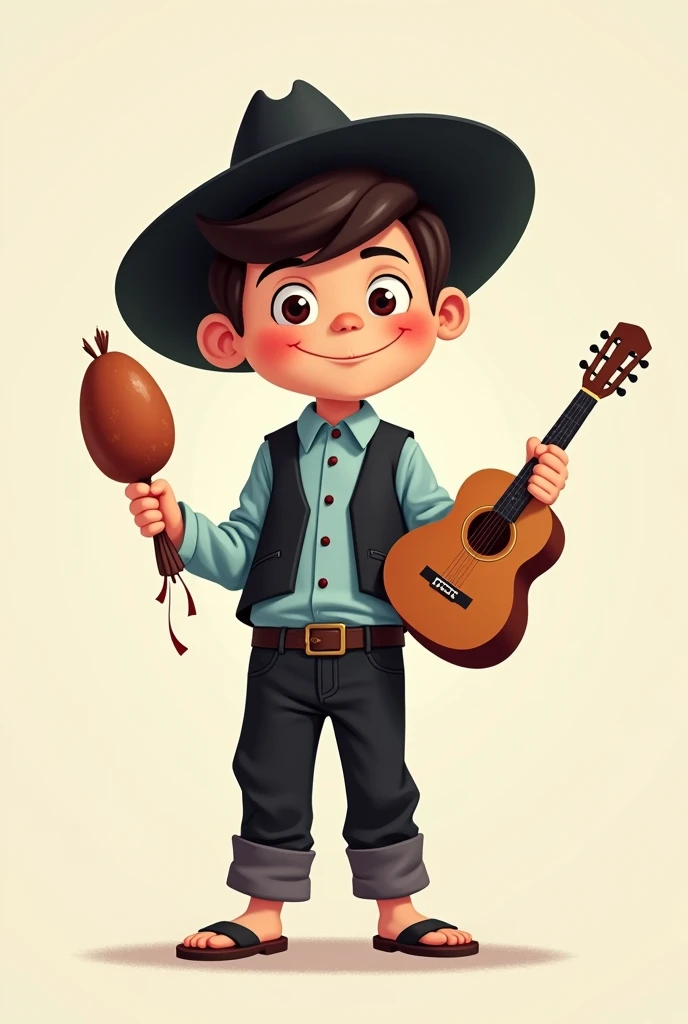 A cartoon of a child, Dressed in black cloth pants and a light blue long-sleeved shirt tucked into the pants with buttons, black vest without buttons, sandals and a black Vallegrandino hat and a guitar standing and holding in his left hand and in his right...