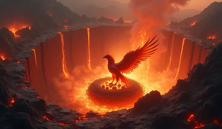 A breathtaking scene of a Phoenix nest perched within the heart of a massive, active volcano. The Phoenix is seen tending to its glowing, ember-like eggs, surrounded by a swirling aura of fire and heat. The volcano’s interior is a mix of flowing lava, shar...