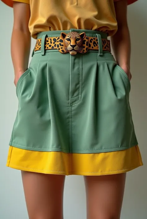 A woman wearing a skirt above the knees, Unripe, with a horizontal yellow stripe on the hem of the skirt. On top of the skirt is a belt with jaguar details and a buckle in the middle.. 