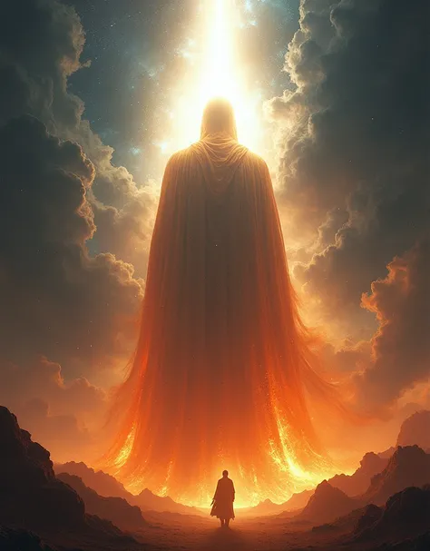 Generate images of the back of a giant man in a robe of fire and light.
Cover his face with White light and put him in the centre of the universe 
