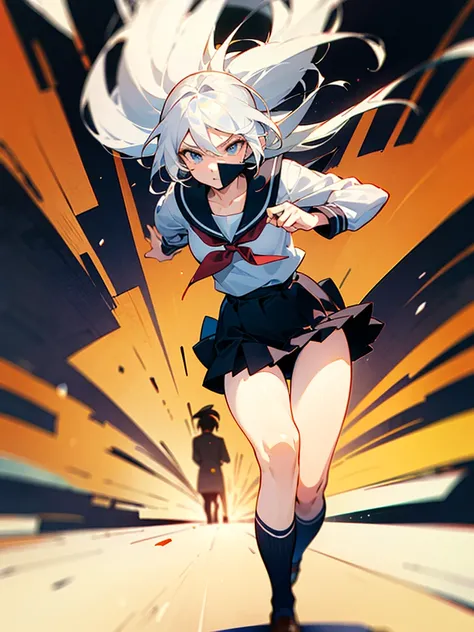 (Masterpiece), (best quality), white haired girl , colored school uniform, black skirt, Tokyo, ((hurry up run)) , ((A hurried expression)), ((proportional body)), ultrahd, 4K