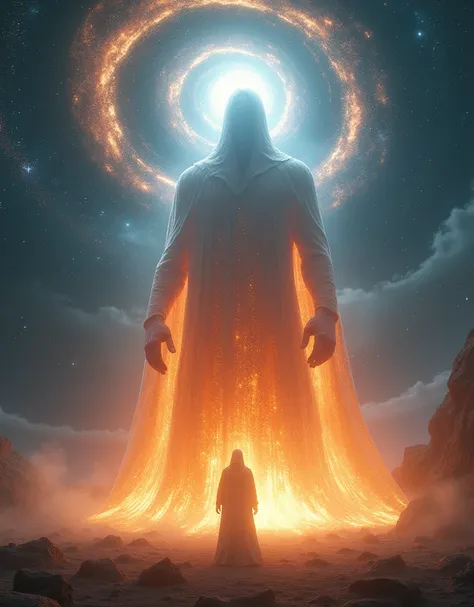 Generate images of the back of a giant man in a robe of fire and light.
Cover his face with White light and put him in the centre of a galaxy 
