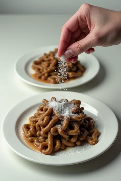 Make two plates of shit being served, salt is being sprinkled on one of them