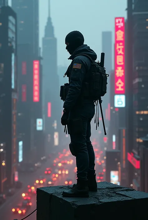 Cyber punk with balaclava in a hostile city on top of a building 
