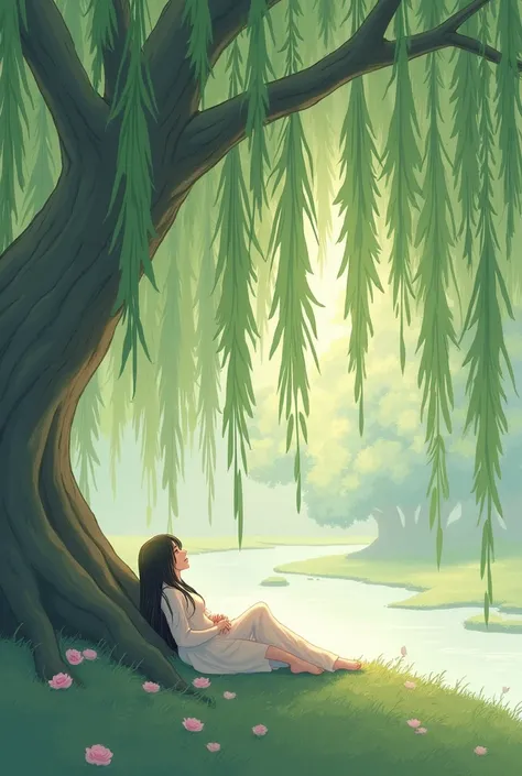 generate illustration of girl under the  willow trees