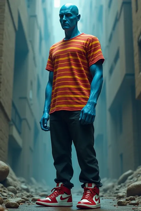 A 4-meter tall, blue-skinned, noseless person wearing a red and yellow striped shirt, black pants, and Jordan 1 retro highs