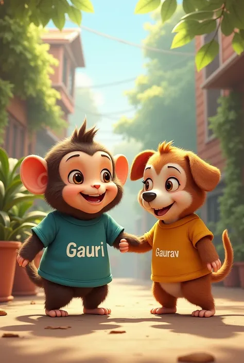 A fat monkey named gauri written on her tshirt with dog gaurav written on its tshirt 
