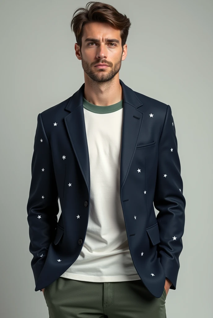 Man wearing a white t-shirt with a green collar, on top a dark blue blazer with 27 white stars, simple and small scattered throughout the blazer