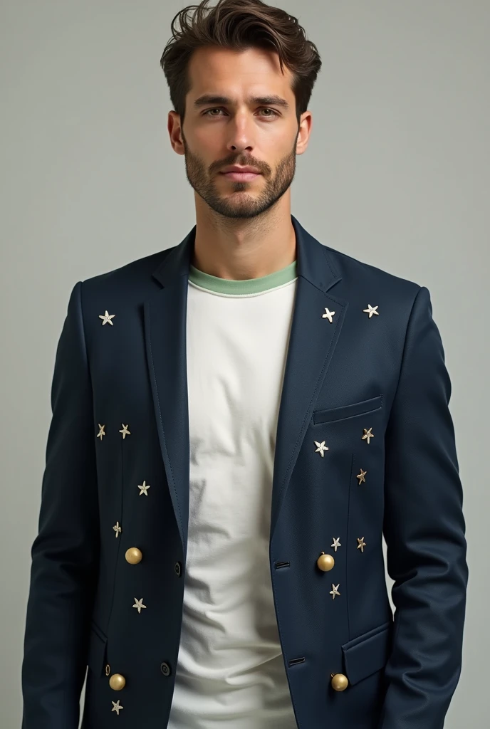 Man wearing a white t-shirt with a green collar, on top a dark blue blazer with 27 white stars, simple and small scattered throughout the blazer