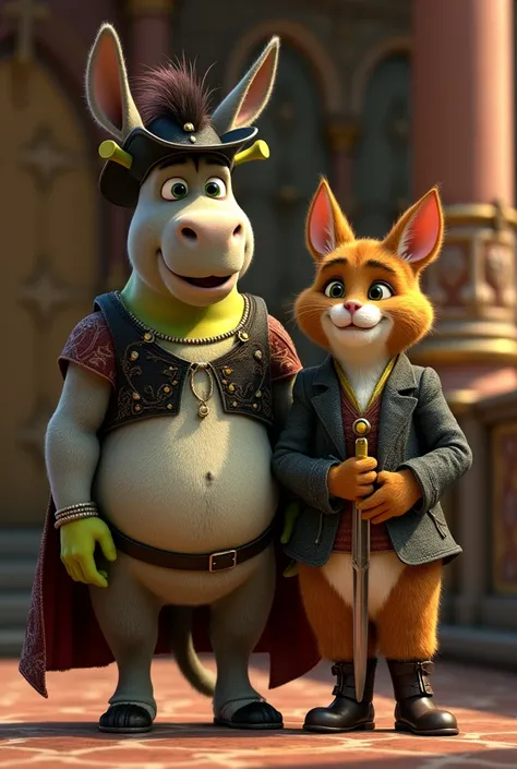 Shrek characters: Donkey and Puss in Boots dressed as musketeers both standing on their two legs 