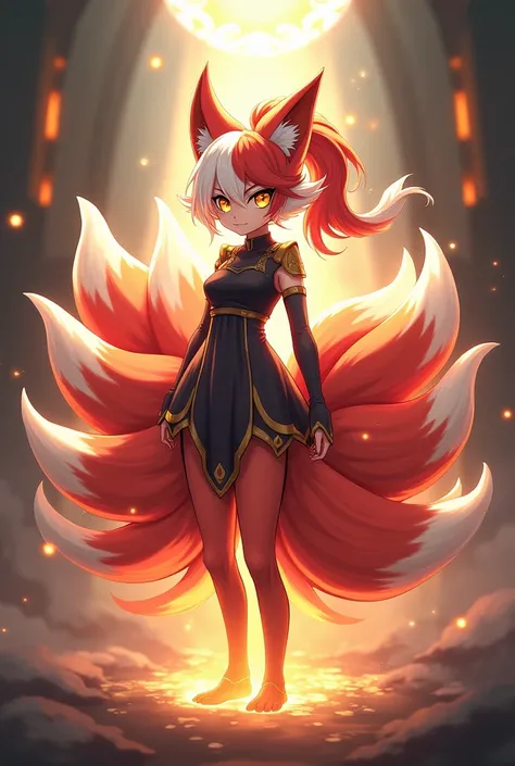 Create a Kitsune with half white and half red hair, with a ponytail, yellow  eyes, eyes large, humanoid, with ears and nine tails, o nome dele é Kito Kaiiatsubaky, Personalidade: always cheerful and lively and willing to protect his friends and companions,...