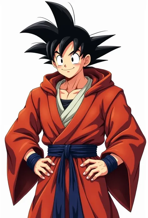 (Realistic,Realistic:1.37),Ultra-detailed,Detailed illustration of Goku(be familiar with,Emotional,Expressive,Features),Jedi Robe, Hooded Robe, Red Robe, Front opening robe, フードをsuffer, suffer, Hands on hips, smile, smiling, Simple Background, White backgr...